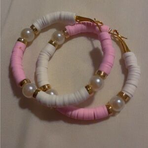 Pink and White Beaded Hoop Earrings handmade stainless steel